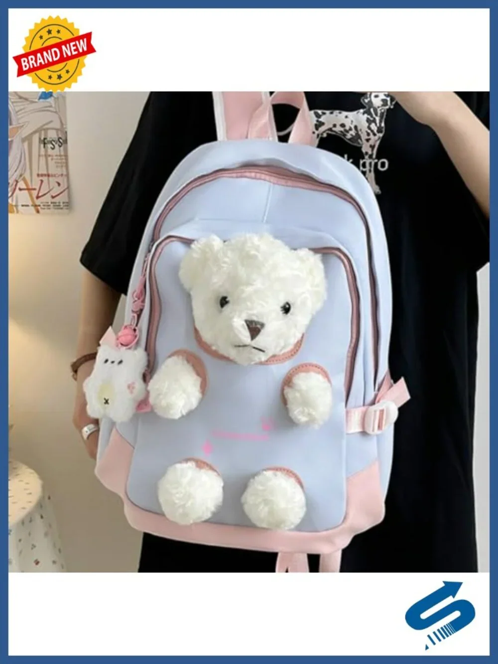 Detachable 3D Bear Plush Backpack with Pins - Kawaii Large Capacity Nylon